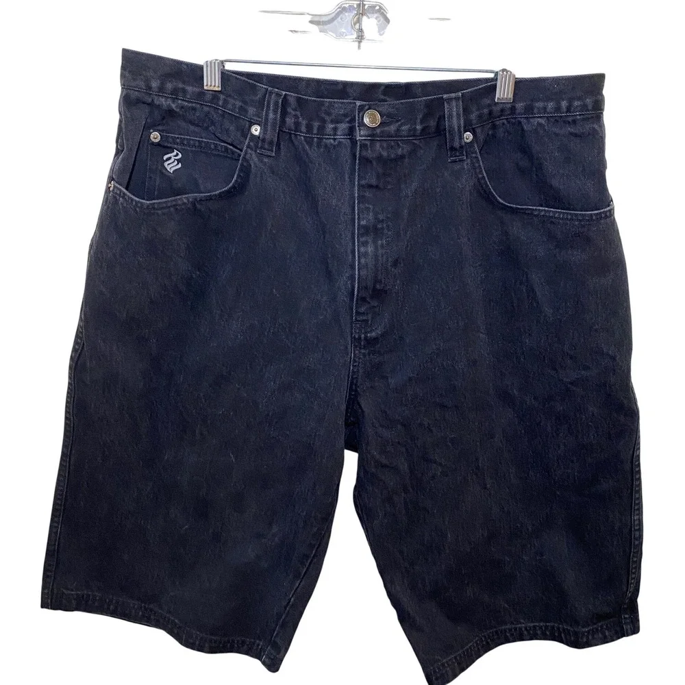 Rocawear Mens Black Denim Shorts Y2K Baggy Hip Hop Embroidered Logo Size 40
